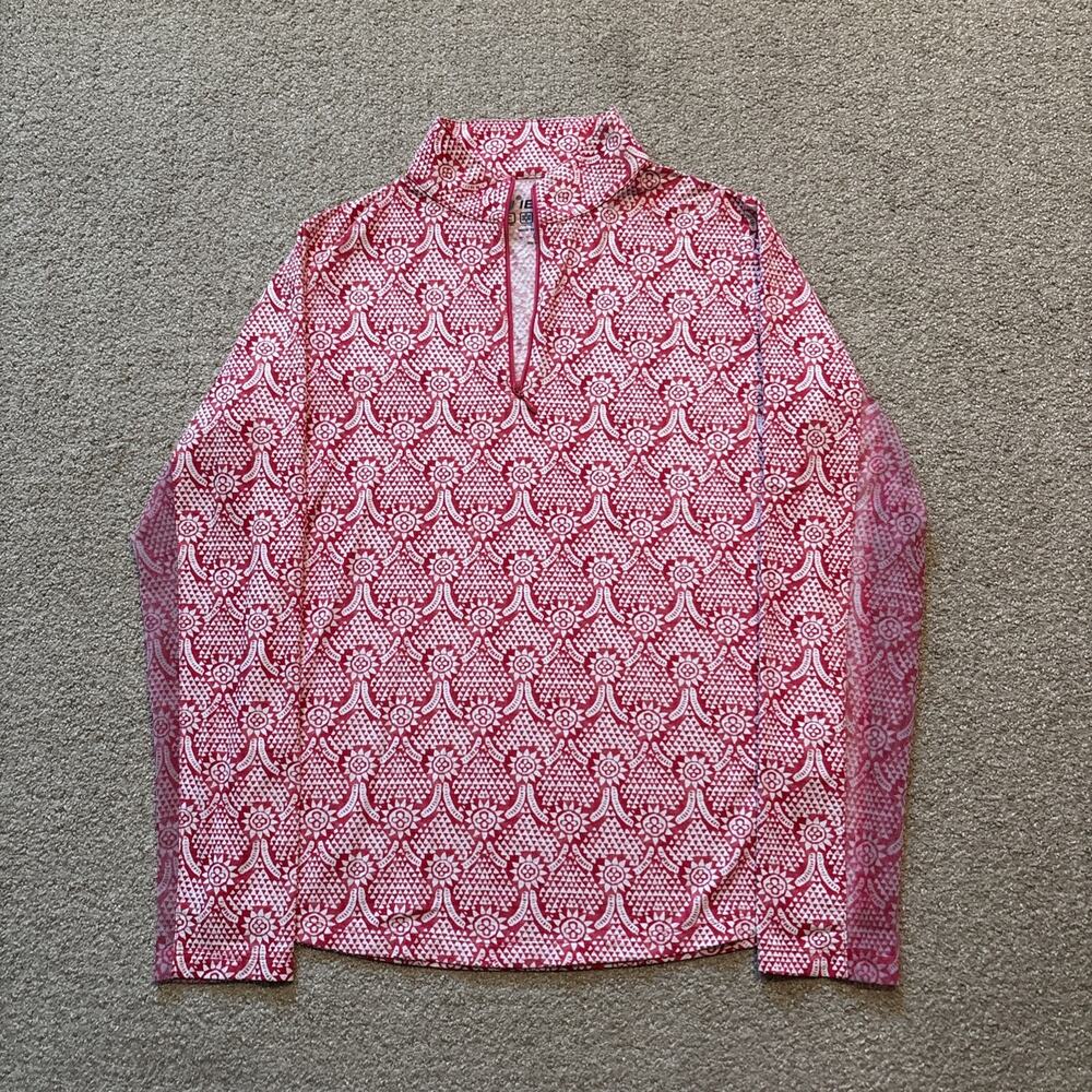 IBKUL Floral Mock Neck 1/4 Zip Long Sleeve Top Women Sz Small Pink White